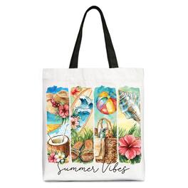 OrnamentallyYou - Summer Vibes Canvas Tote Bag, Beach Gift Shopper with Coconut and Flowers - White Black