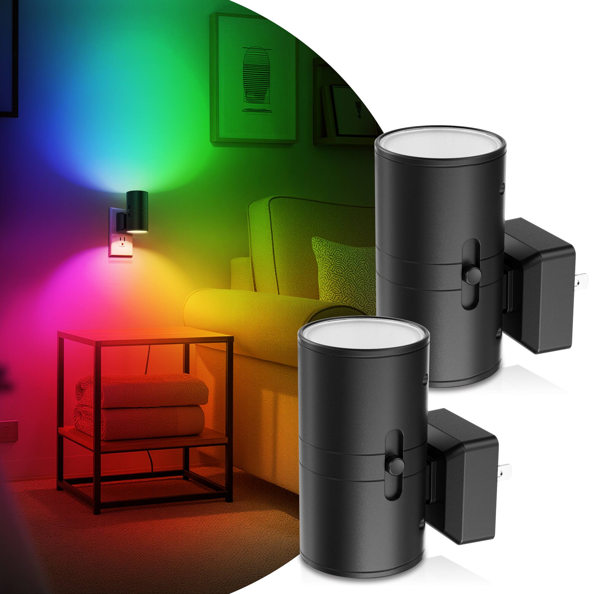 Angle. Jandcase - JANDCASE 2-Pack 1W Plug-in Night Light, RGB Color Changing,  Slide Color Selector, Dusk-to-Dawn Sensor - Black.