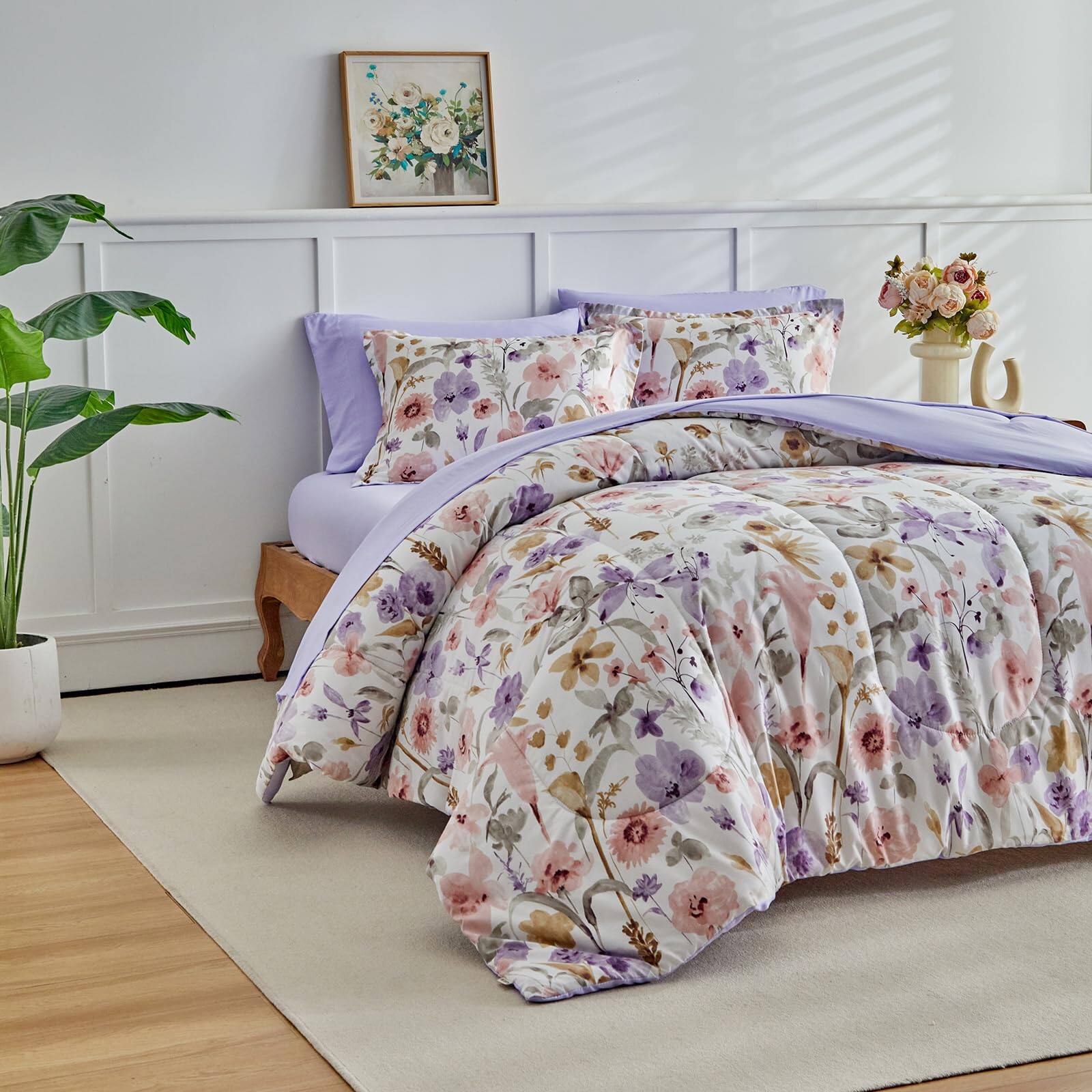 Alt View 1. PO3TICJUNKI3 - Floral Comforter Set 7 Pieces With Flowers Bed In A Bag Reversible Bedding 1 2 Pillow Shams 1 Flat Sheet - Light Pink Flower-Queen 7 Pieces.