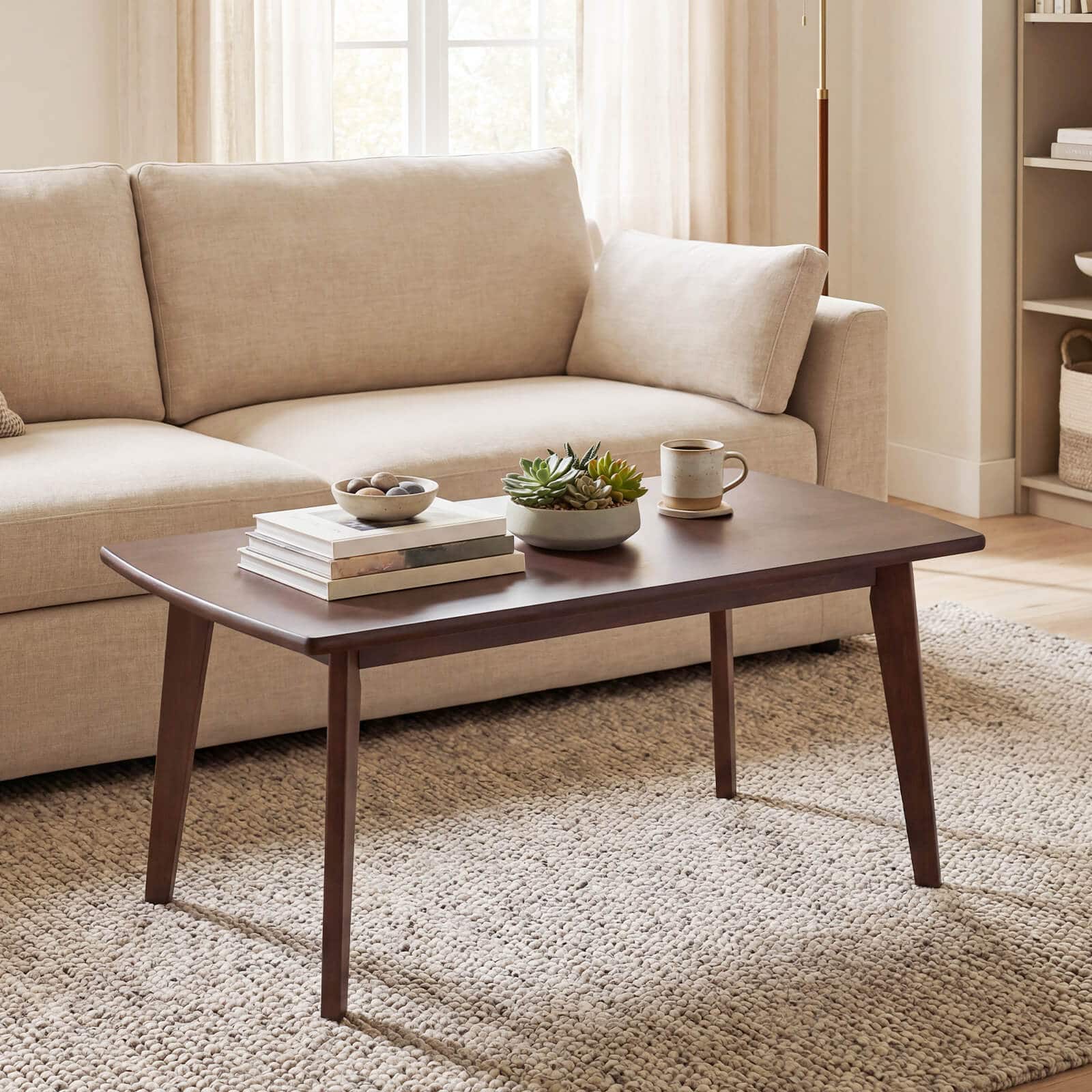 Costway - 34.5" Solid Wood Coffee Table with Tapered Legs, Low Cocktail Table for Home Office - Walnut