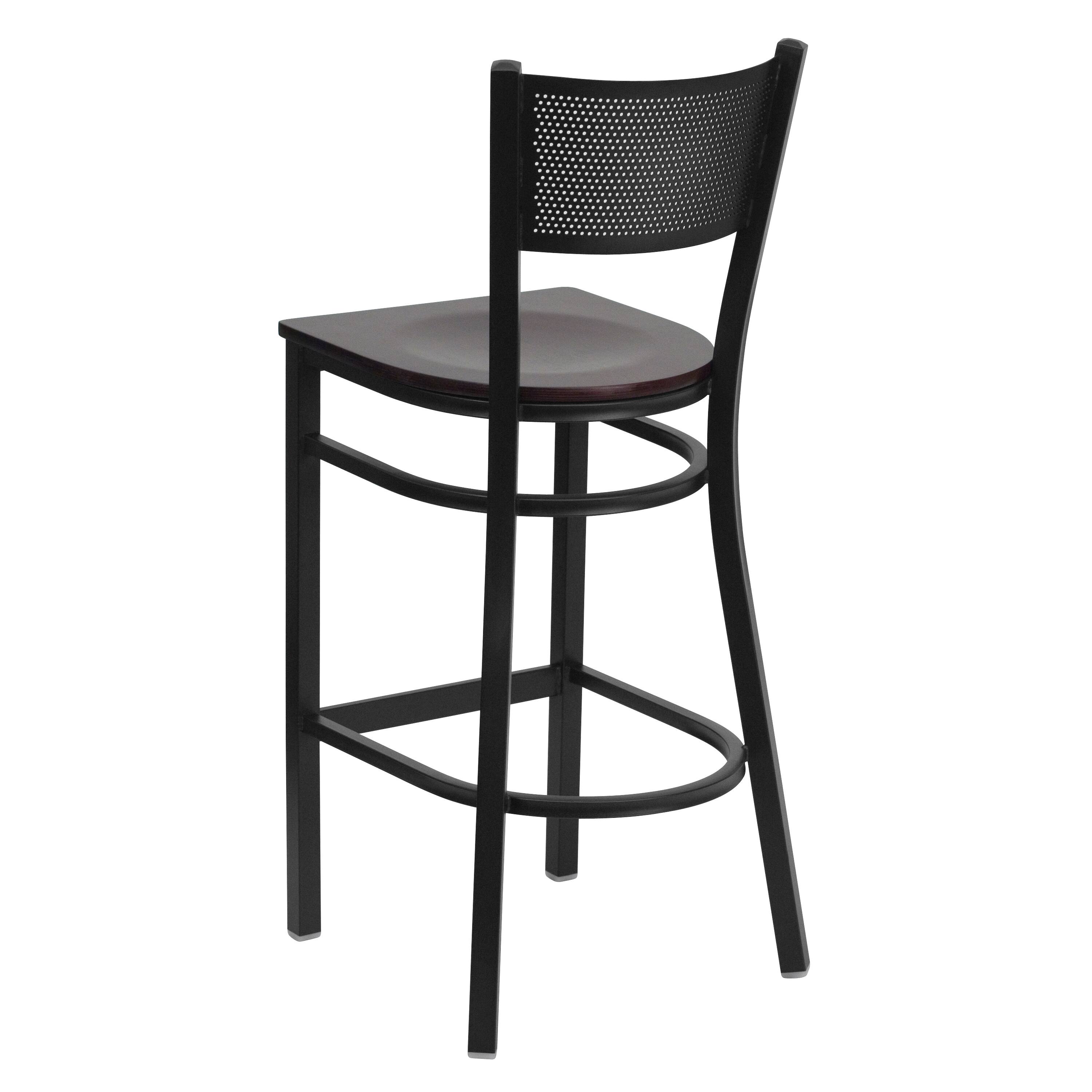Alt View 3. Emma + Oliver - Grid Back Metal Restaurant Dining Barstool - Mahogany Wood Seat/Black Metal Frame.