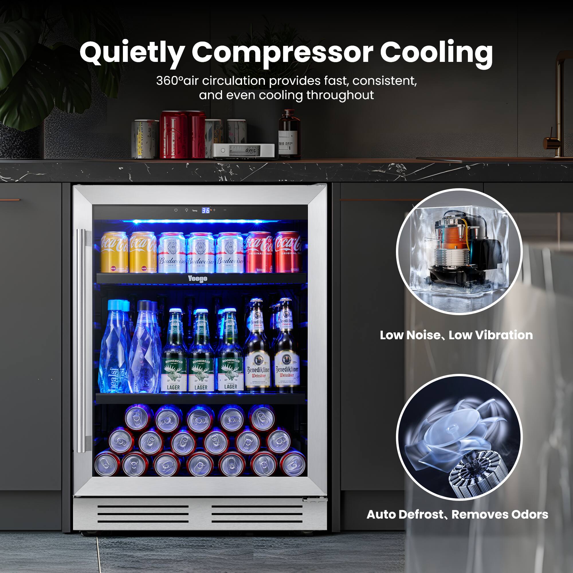 Quietly Compressor Cooling 360° air circulation provides fast, consistent, and even cooling throughout

Low Noise, Low Vibration

Auto Defrost, Removes Odors