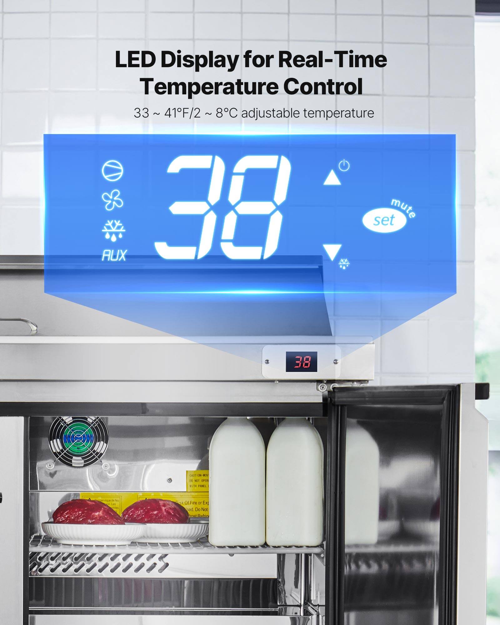 LED Display for Real-Time Temperature Control

33 ~ 41°F / 2 ~ 8°C adjustable temperature

38

AUX

mute set
