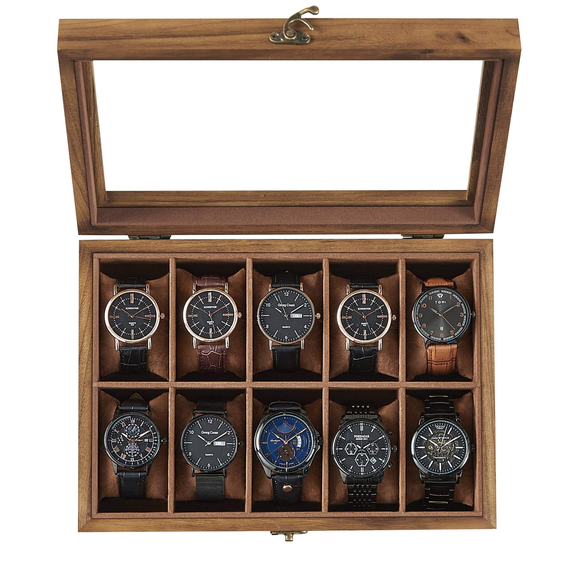 Songmics Home - 10-Slot Watch Box – Display Case with Large Glass Lid Rustic Walnut Finish