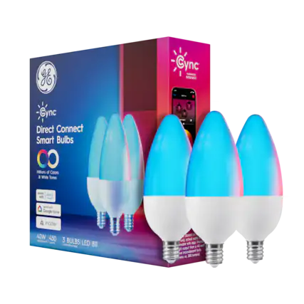 Sure, here is the corrected and grouped text:
---
**Gync Direct Connect Smart Bulbs**
- **Powered by Savant**
- **Millions of Colors & White Tones**
- **Works with Alexa**
- **Works with Google Home**
- **Works with Matter**
- **40W Equivalent / 450 Lumens**
- **3 Bulbs LED / B1T**
- **Candelabra Base**
- **Based on actual watts, mobile with app, 40W output, 450 lumens, 380 lumens**
---
This text is extracted from the image and grouped for clarity.