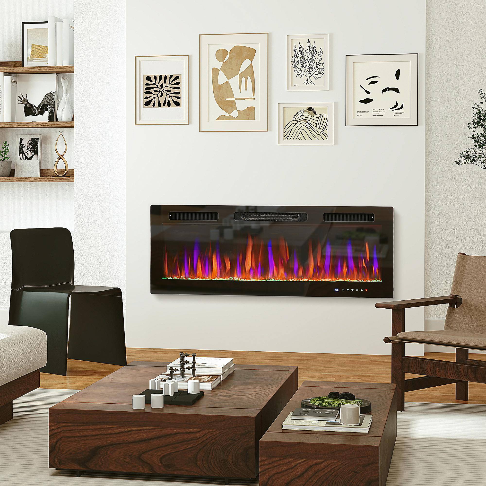 Alt View 4. Resenkos - 50" Electric Fireplace Recessed and Wall Mounted, 1500W Ultra-thin with Adjustable Flame, Black - Black.