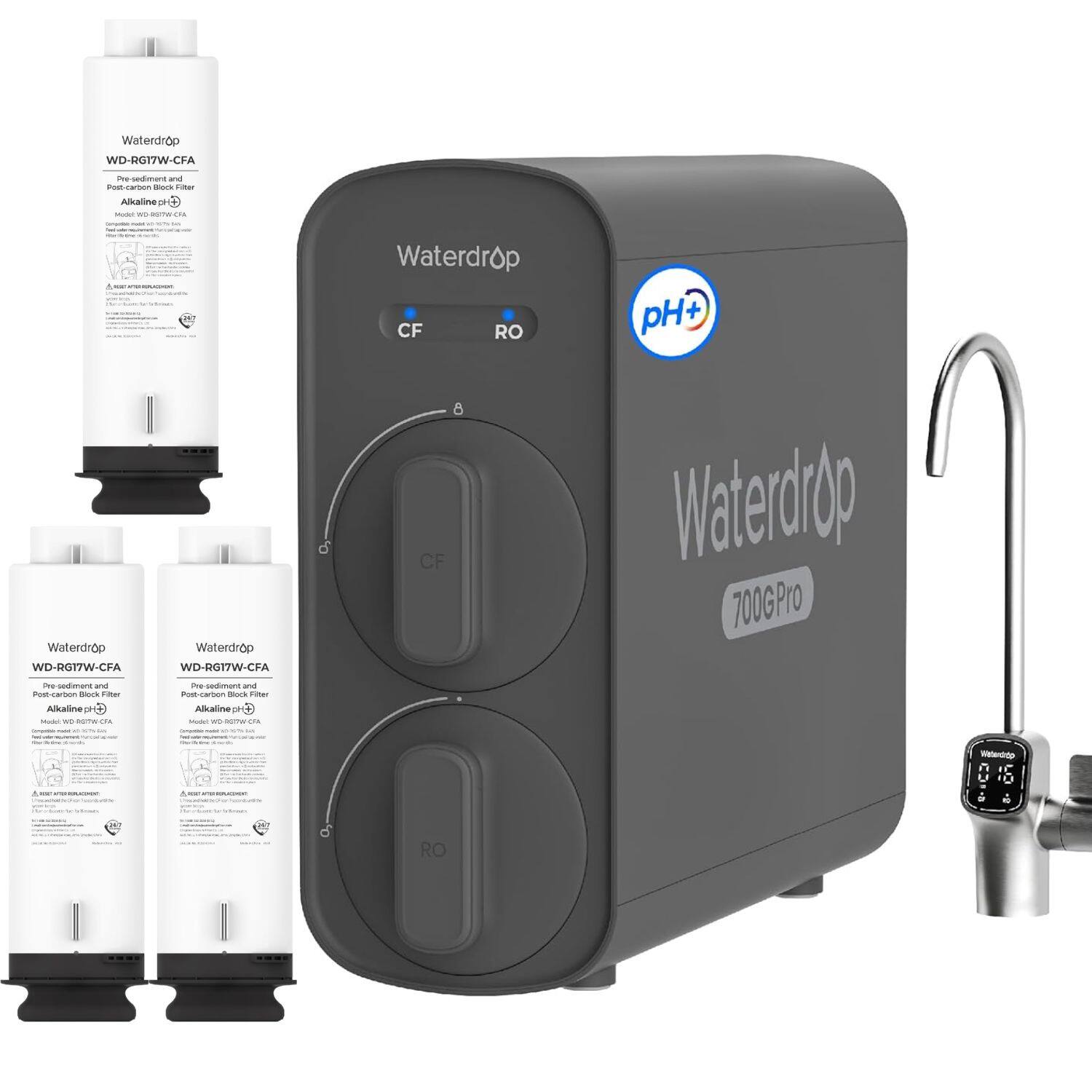 Waterdrop - G5P700A-Pro Alkaline Mineral pH+ Reverse Osmosis Water Filter Extra G5P700A-PRO-CF-3 Filters - Black