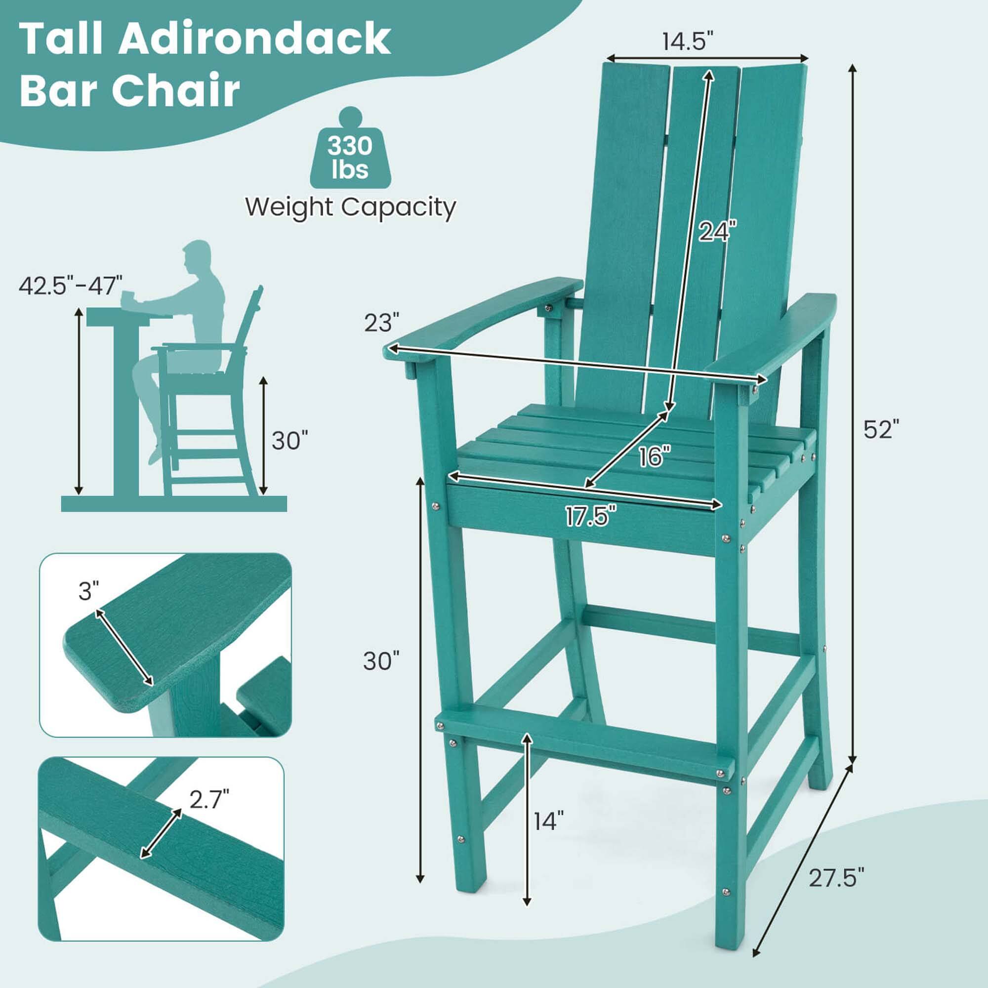 Tall Adirondack Bar Chair

330 lbs Weight Capacity

14.5" 24" 42.5"-47" 23" 30" 16" 52" 17.5" 3" 30" 2.7" 14" 27.5"