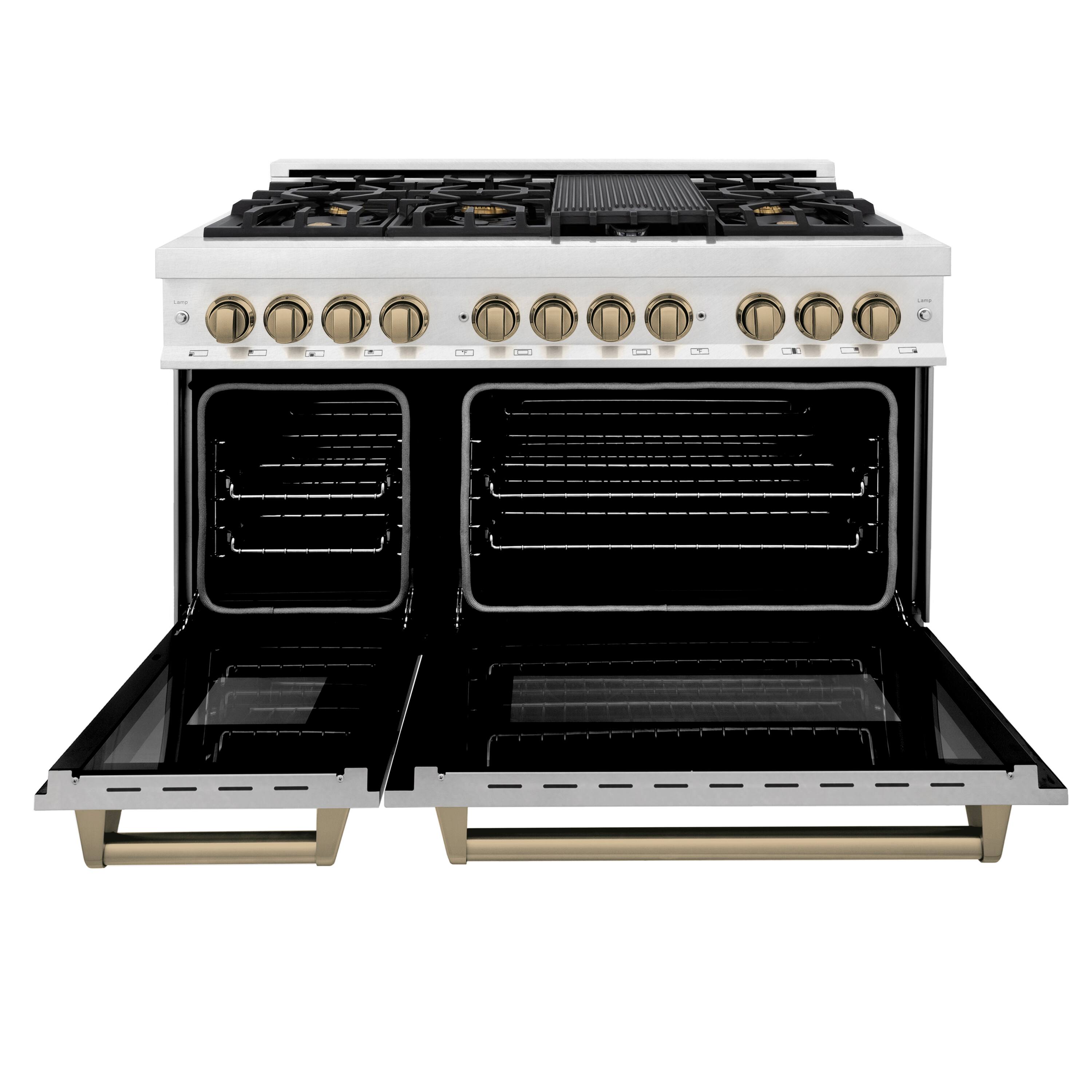 Angle. ZLINE - Autograph 48 in. 6.0 cu. ft. Freestanding Legacy Dual Fuel Range with 7 Burners in Satin Steel and Bronze Accents - Satin Stainless Steel.