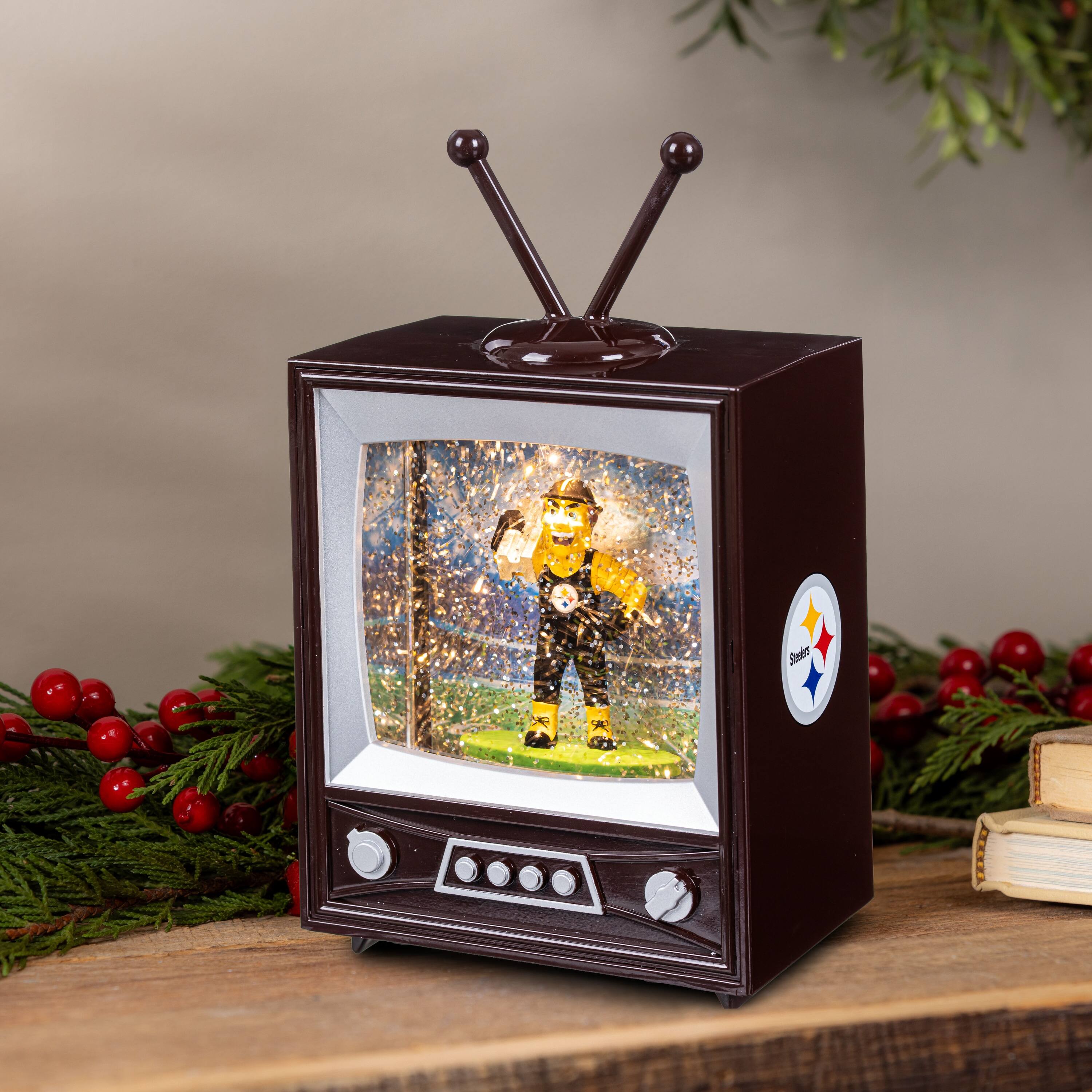 Alt View 1. Evergreen Enterprises - Pittsburgh Steelers 8" Vintage TV Water Globe Lantern with Mascot - Brown.