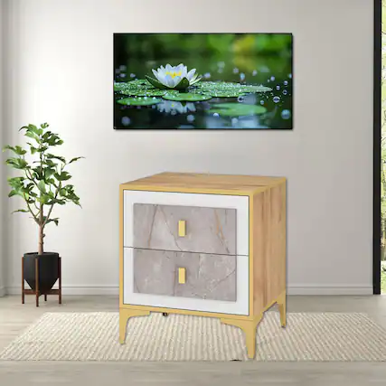 Front. Hivvago - Bedroom Side Table with Two Sliding Drawers for Storage and Décor - Natural, Gold.