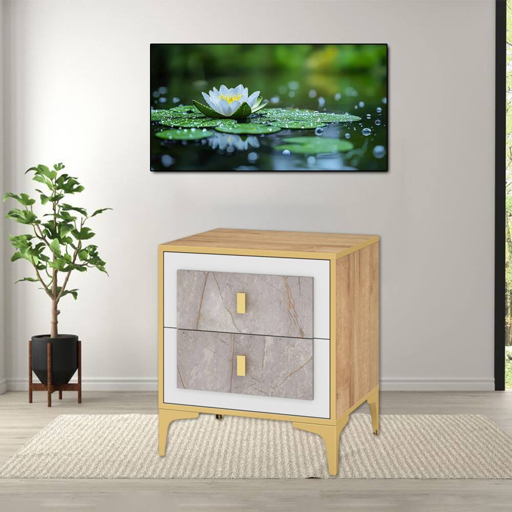 Front. Hivvago - Bedroom Side Table with Two Sliding Drawers for Storage and Décor - Natural, Gold.