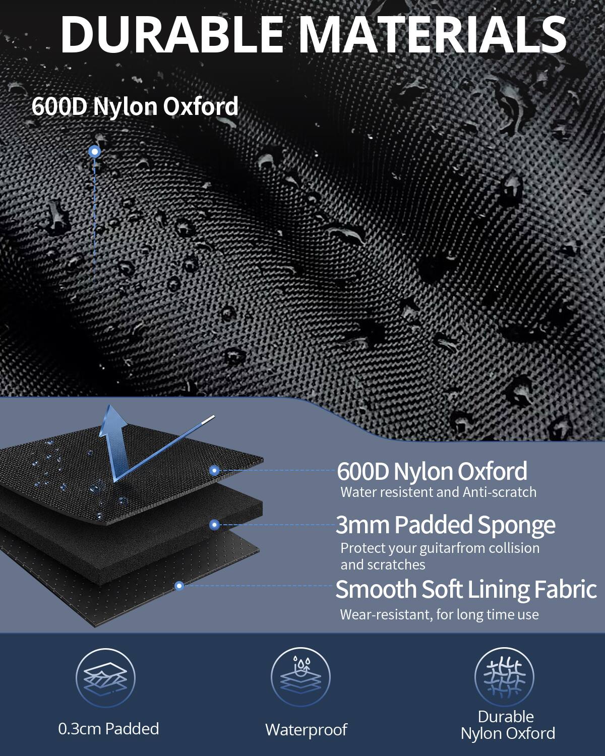 DURABLE MATERIALS

600D Nylon Oxford
600D Nylon Oxford
Water resistant and Anti-scratch

3mm Padded Sponge
Protect your guitar from collision and scratches

Smooth Soft Lining Fabric
Wear-resistant, for long time use

0.3cm Padded
Waterproof
Durable Nylon Oxford