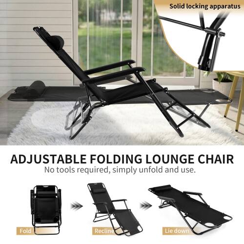 Solid locking apparatus

ADJUSTABLE FOLDING LOUNGE CHAIR

No tools required, simply unfold and use.

Fold Recline Lie down