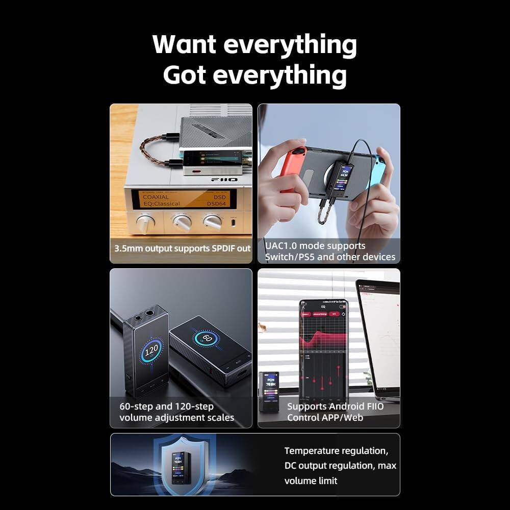Want everything  
Got everything  

- COAXIAL EQ: Classical  
- DSD DSD64  
- 3.5mm output supports SPDIF out  
- UAC1.0 mode supports Switch/PS5 and other devices  
- 60-step and 120-step volume adjustment scales  
- Supports Android FIIO Control APP/Web  
- Temperature regulation, DC output regulation, max volume limit