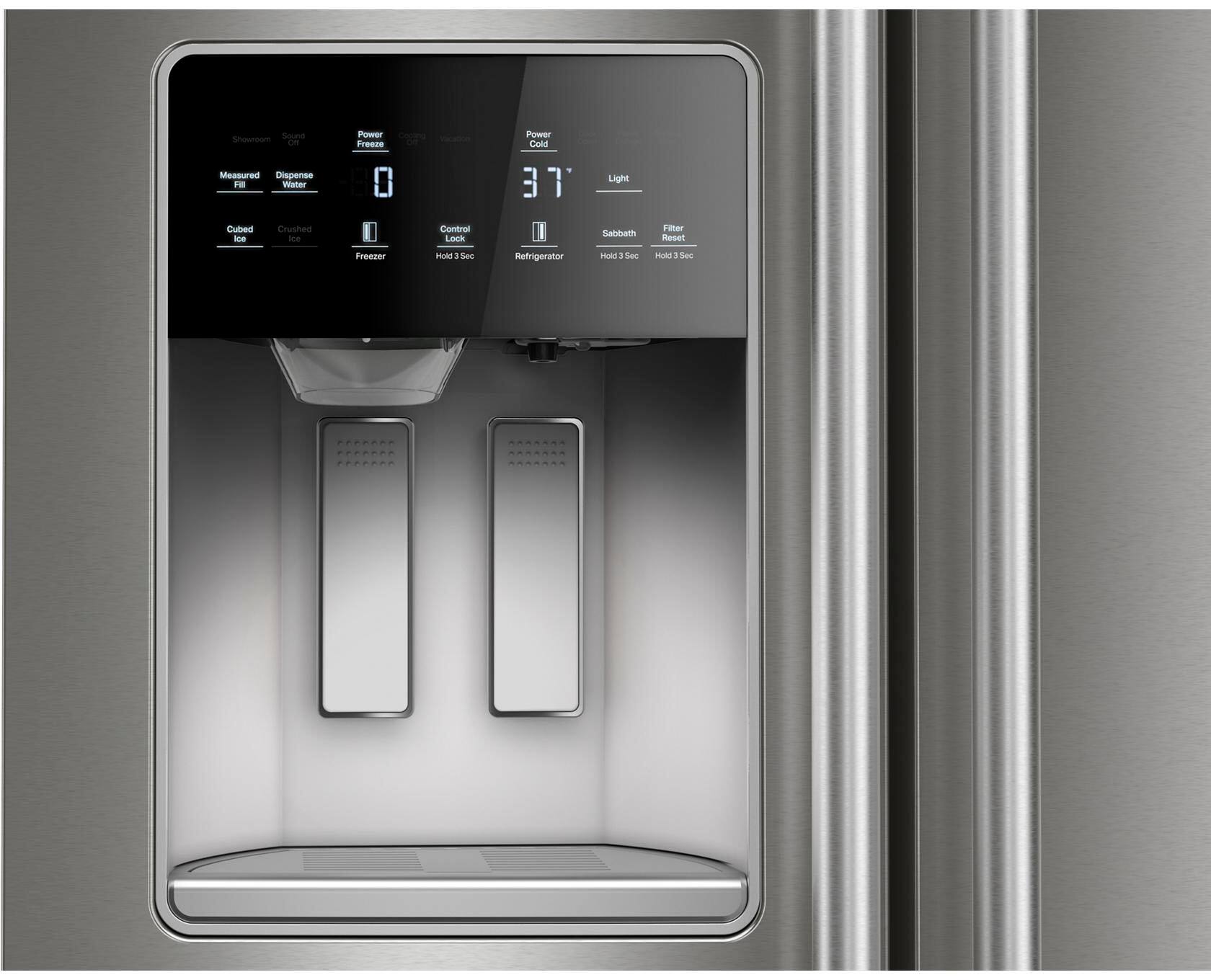 Snow and Ice - Measured Dispense HB Water Power Freeze 0 Power Cond 37 3 Light Cubed Ice Crusted ice Control Lock Sabbath Filter Heat Exchanger Freezer noas 1 -en Refrigerator Hold 1 Sec.