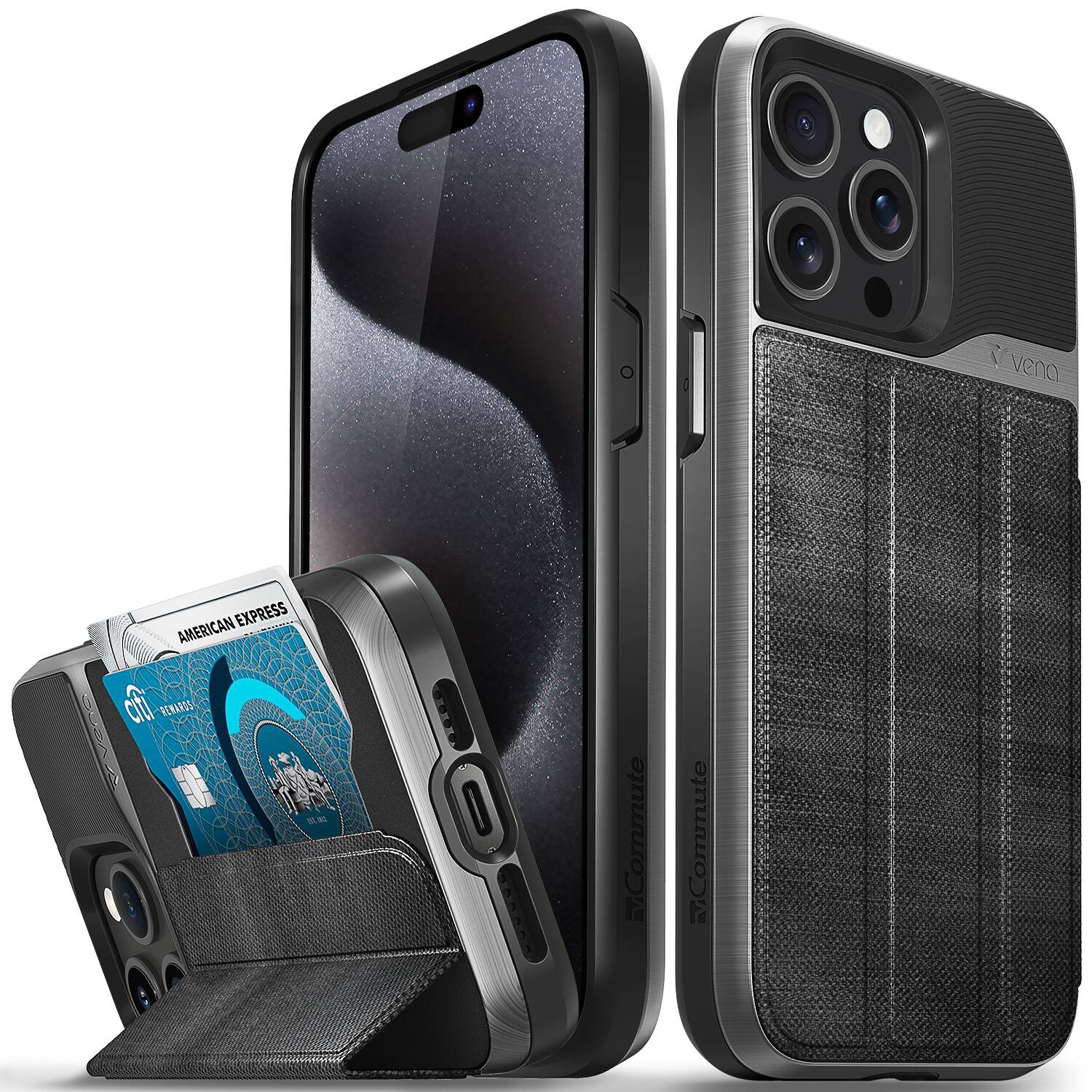 Vena - vCommute Leather Wallet Case with Kickstand for Apple iPhone 15 Pro Max (6.7") - Space Gray / Slate Black - Multicolored