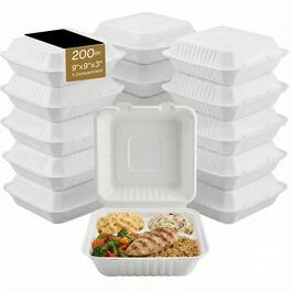 Eco Harmony Products - Bagasse Hinged Container (PFAS-Free), 3-compartment, 9" x 9", 200-Pack - White