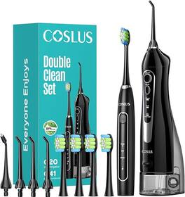 COSLUS - C20 & C41: 2-in-1 Portable Water Flosser & Electric Toothbrush. For teeth, braces, gums. BPA-free, black.