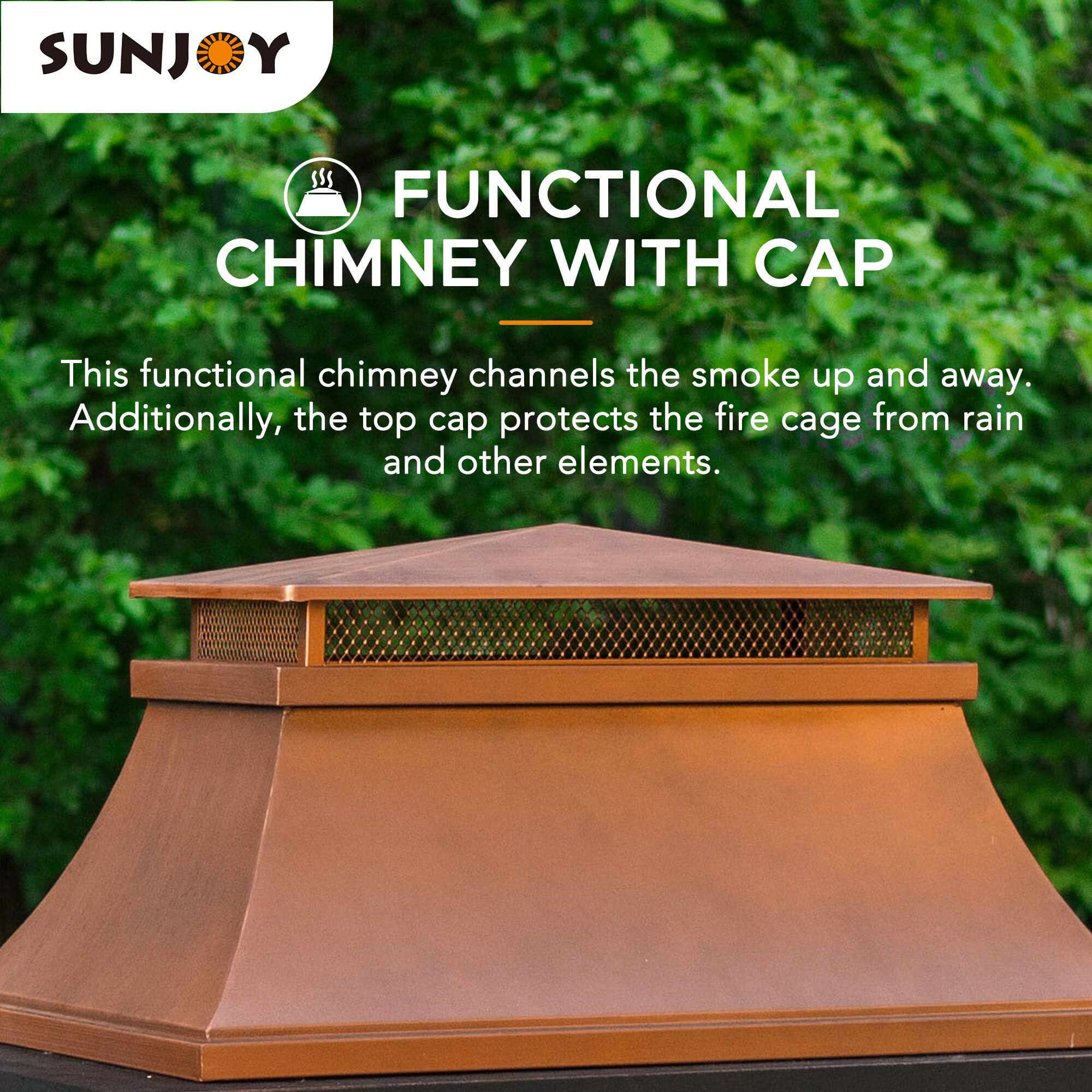 SUNJOY FUNCTIONAL CHIMNEY WITH CAP - This functional chimney channels the smoke up and away. Additionally, the top cap protects the fire cage from rain and other elements.
