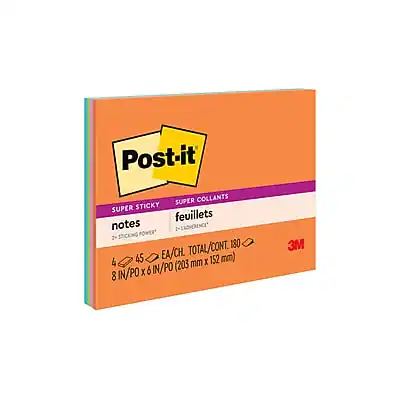 Post-it
SUPER STICKY
SUPER COLLANTS
notes
feuillets
4 ea/ch. 180 total/cont.
8 in/po x 6 in/po (203 mm x 152 mm)
3M