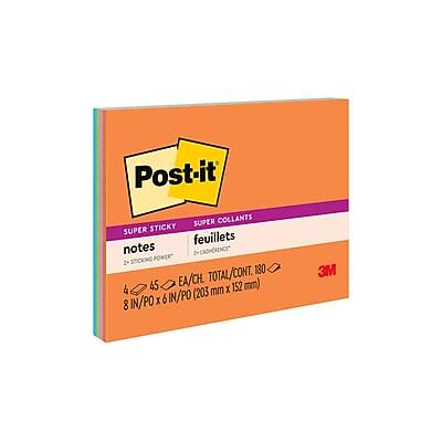 Post-it  
SUPER STICKY  
SUPER COLLANTS  
notes  
feuillets  
4 ea/ch. 180 total/cont.  
8 in/po x 6 in/po (203 mm x 152 mm)  
3M