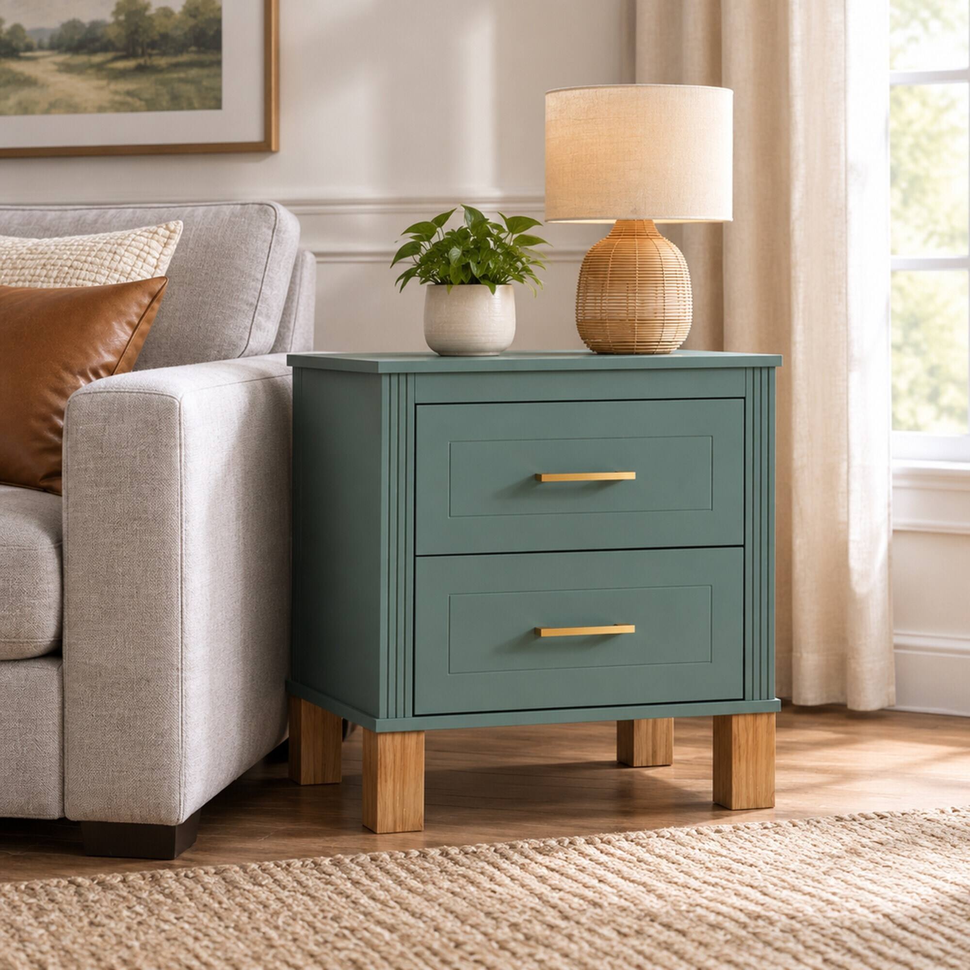 Left. RYHNUYNE - 2 Drawer Nightstand, MDF Wood Storage Cabinet, Fluted Side Panels, Solid Wood Legs, Metal Handles, Blue - Blue.