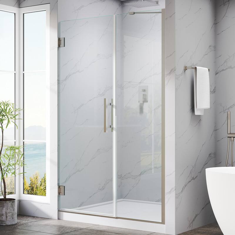 Angle. WELLFOR - 47–48 in. W x 72 in. H Frameless Hinged Shower Door with 3/8" Clear Tempered Glass, Reversible Opening - Brushed Nickel.