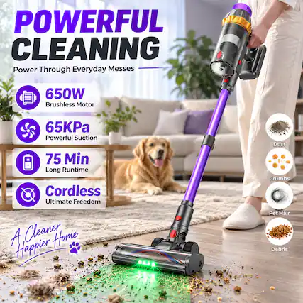 POWERFUL CLEANING
Power Through Everyday Messes
650W Brushless Motor
65KPa Powerful Suction
75 Min Long Runtime
Cordless Ultimate Freedom
A Cleaner Happier Home
Dust
Crumbs
Pet Hair
Debris