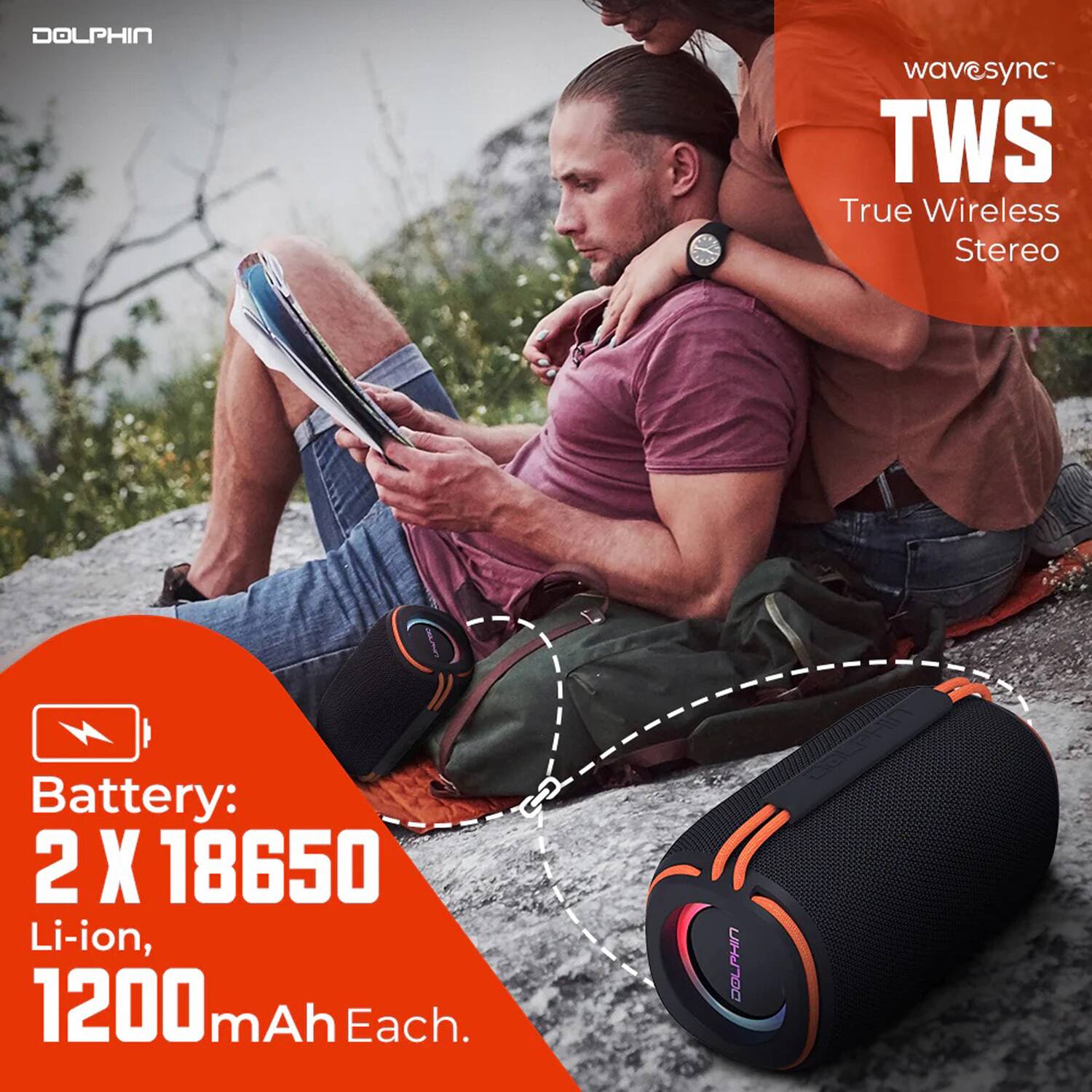 DOLPHIN  
wavesync  
TWS  
True Wireless Stereo  

Battery:  
2 X 18650 Li-ion,  
1200 mAh Each.