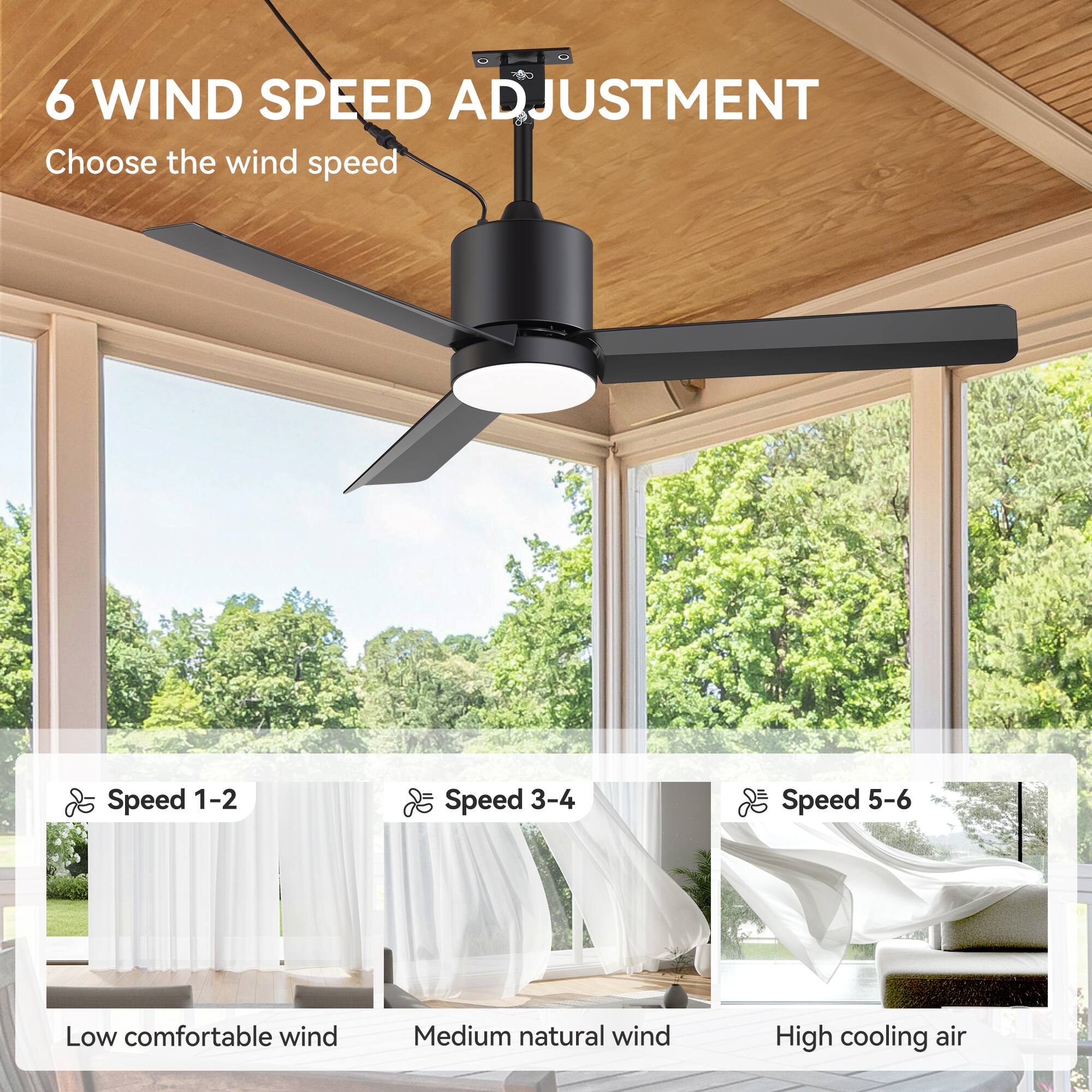 6 WIND SPEED ADJUSTMENT  
Choose the wind speed

- Speed 1-2  
  Low comfortable wind

- Speed 3-4  
  Medium natural wind

- Speed 5-6  
  High cooling air