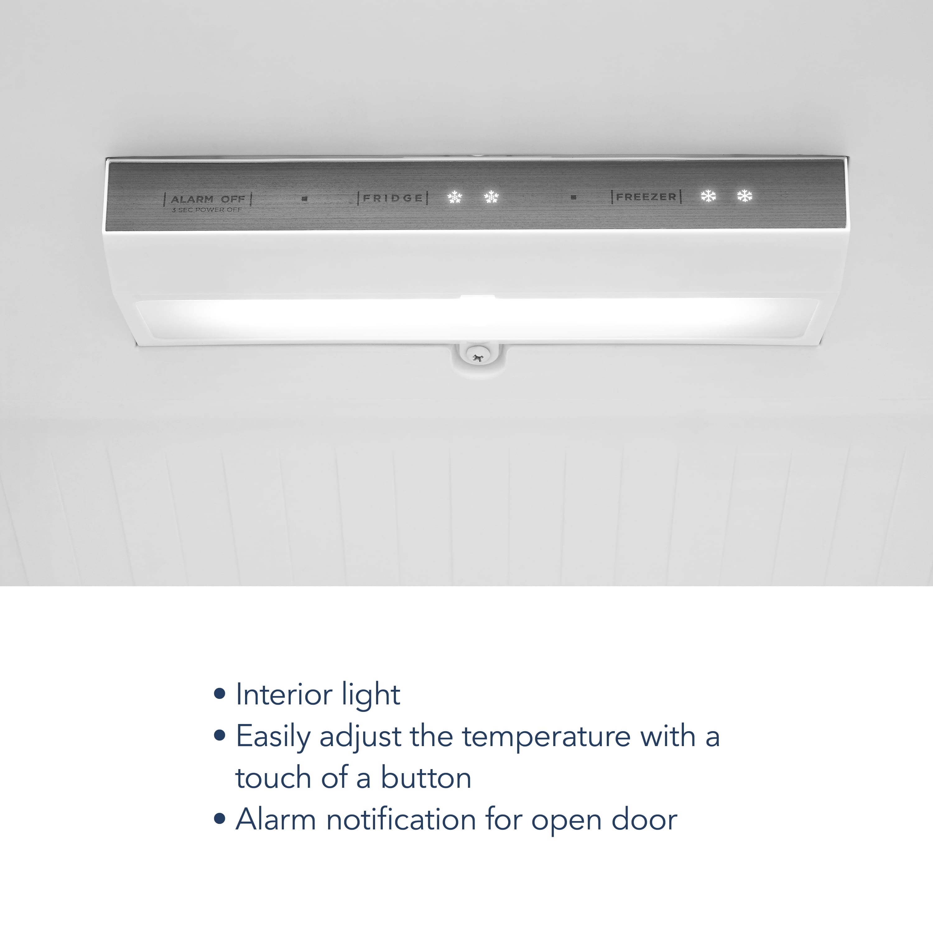 The text on the image is grouped and corrected as follows:
"Alarm Off" and "Interior Light" are grouped together as "Alarm Off and Interior Light."
"Intu d C Fridge Freezer M" and "Easily adjust the temperature with a touch of a button" are grouped together as "Intu d C Fridge Freezer M."
"Alarm notification for open door" is grouped together as "Alarm notification for open door."