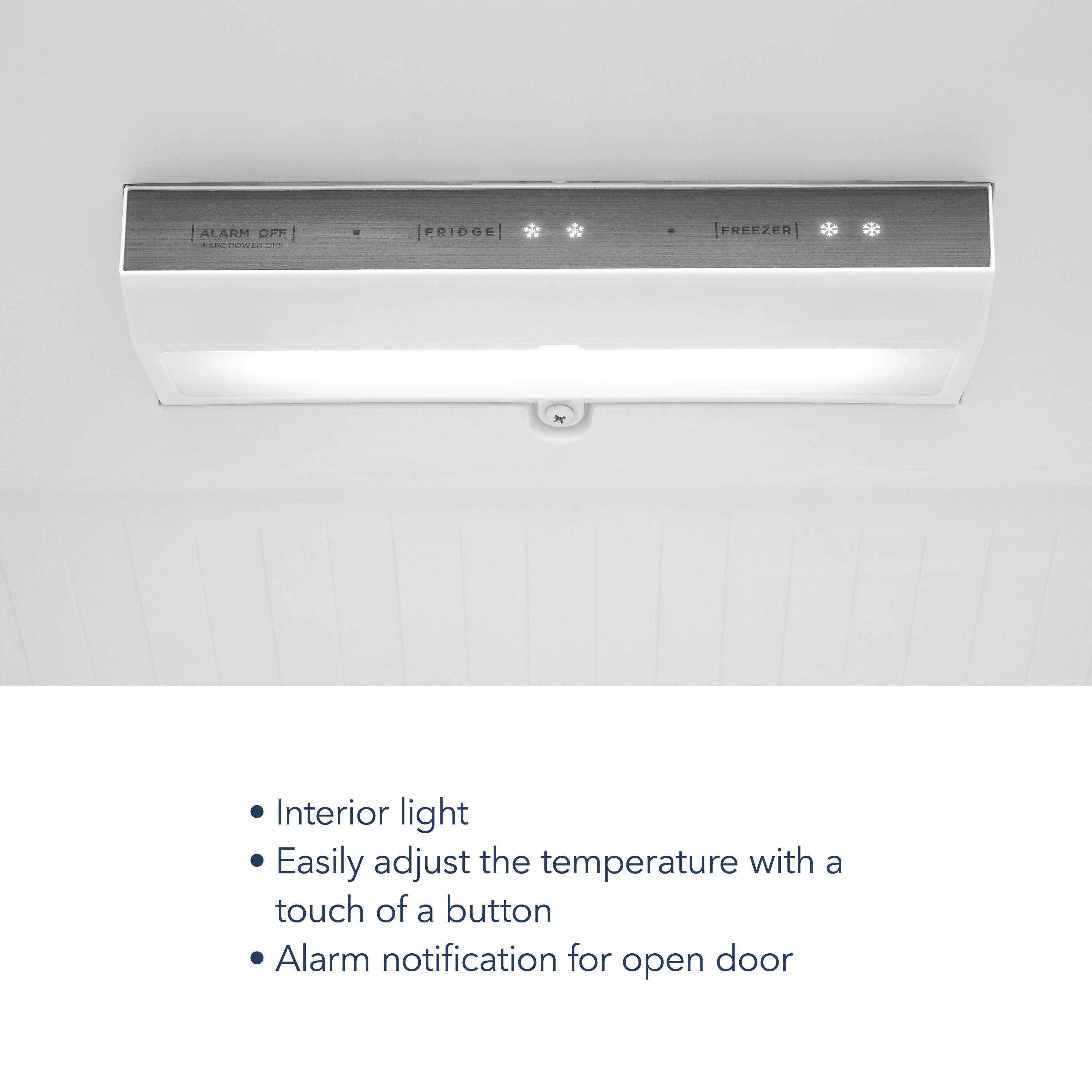 The text on the image is grouped and corrected as follows:

"Alarm Off" and "Interior Light" are grouped together as "Alarm Off and Interior Light."
"Intu d C Fridge Freezer M" and "Easily adjust the temperature with a touch of a button" are grouped together as "Intu d C Fridge Freezer M."
"Alarm notification for open door" is grouped together as "Alarm notification for open door."