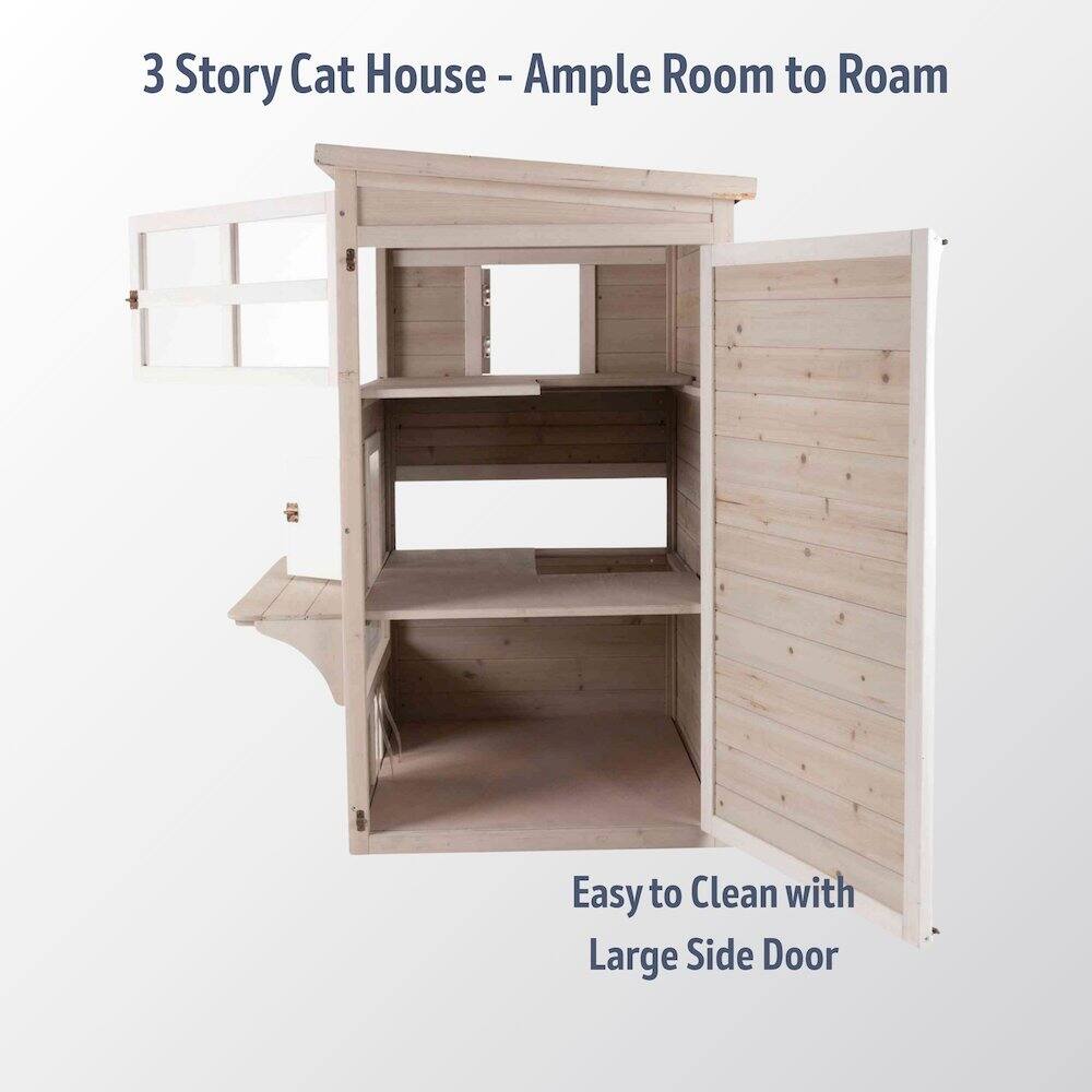 3 Story Cat House - Ample Room to Roam  
Easy to Clean with Large Side Door