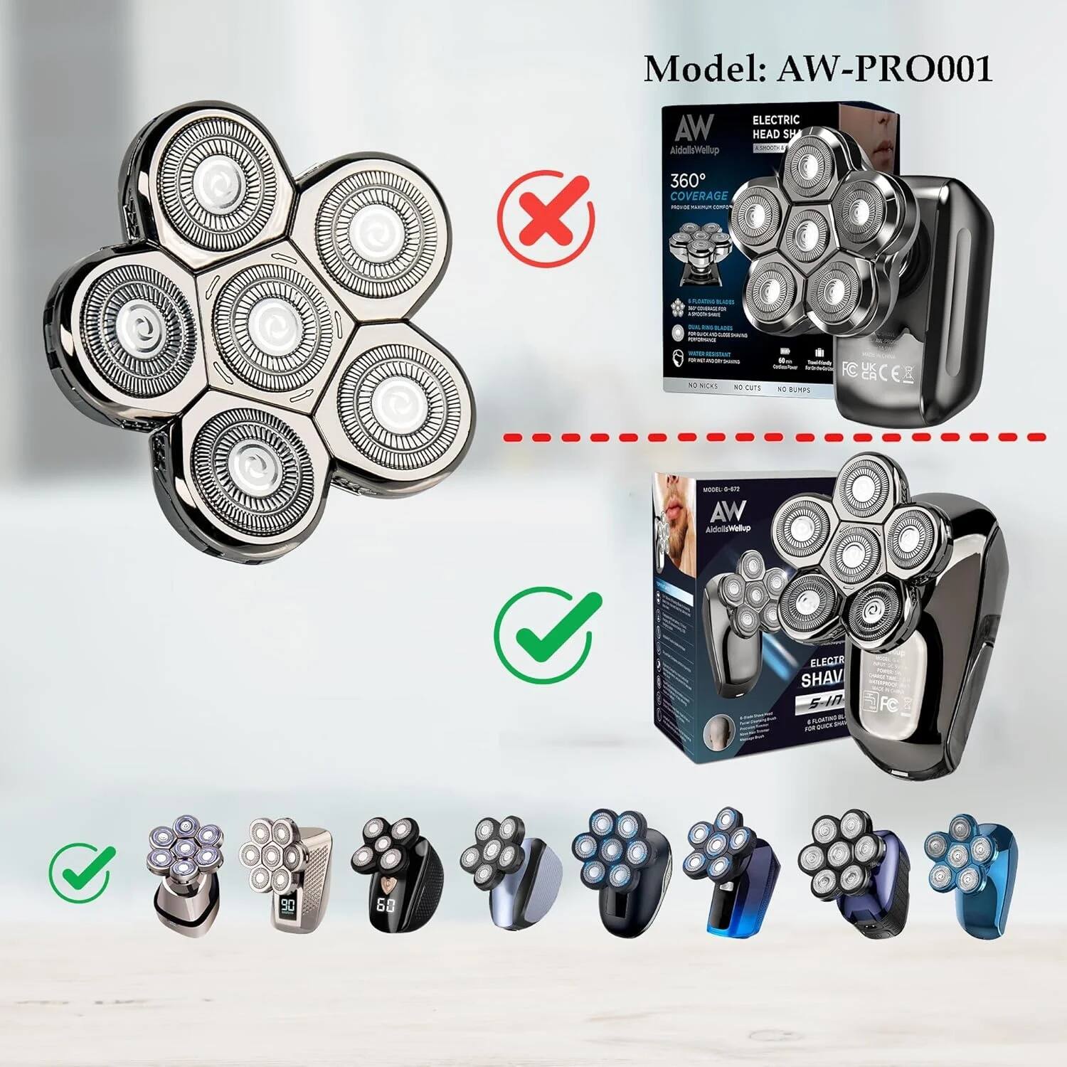 Model: AW-PRO001

ELECTRIC HEAD SHAVING

360° COVERAGE

NO NICKS NO CUTS NO BUMPS

ELECTRIC SHAVING

5-IN-1

FC