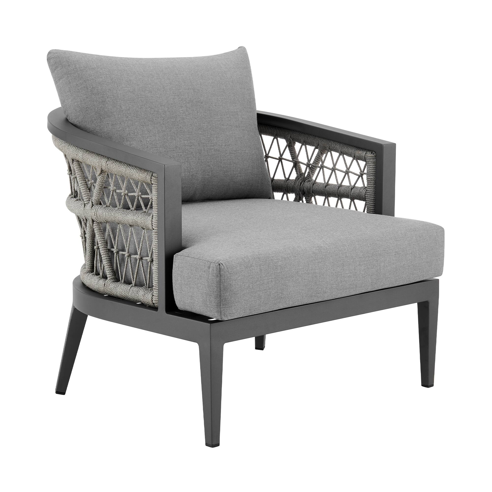 Front. Armen Living - Zella Outdoor Patio Armchair in Aluminum with Light Gray Rope and Earl Gray Cushions - Earl Gray.