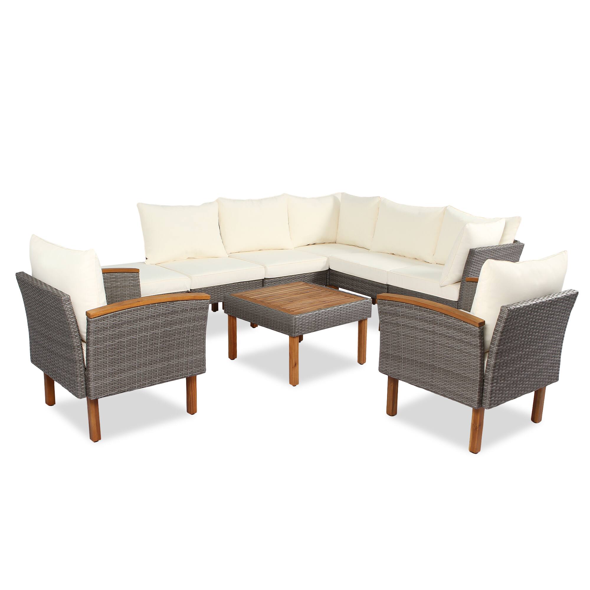 Back. APRILSOUL - GO 9-Piece Patio Rattan Furniture Set Outdoor With Acacia Wood Legs and Tabletop Beige - Beige.