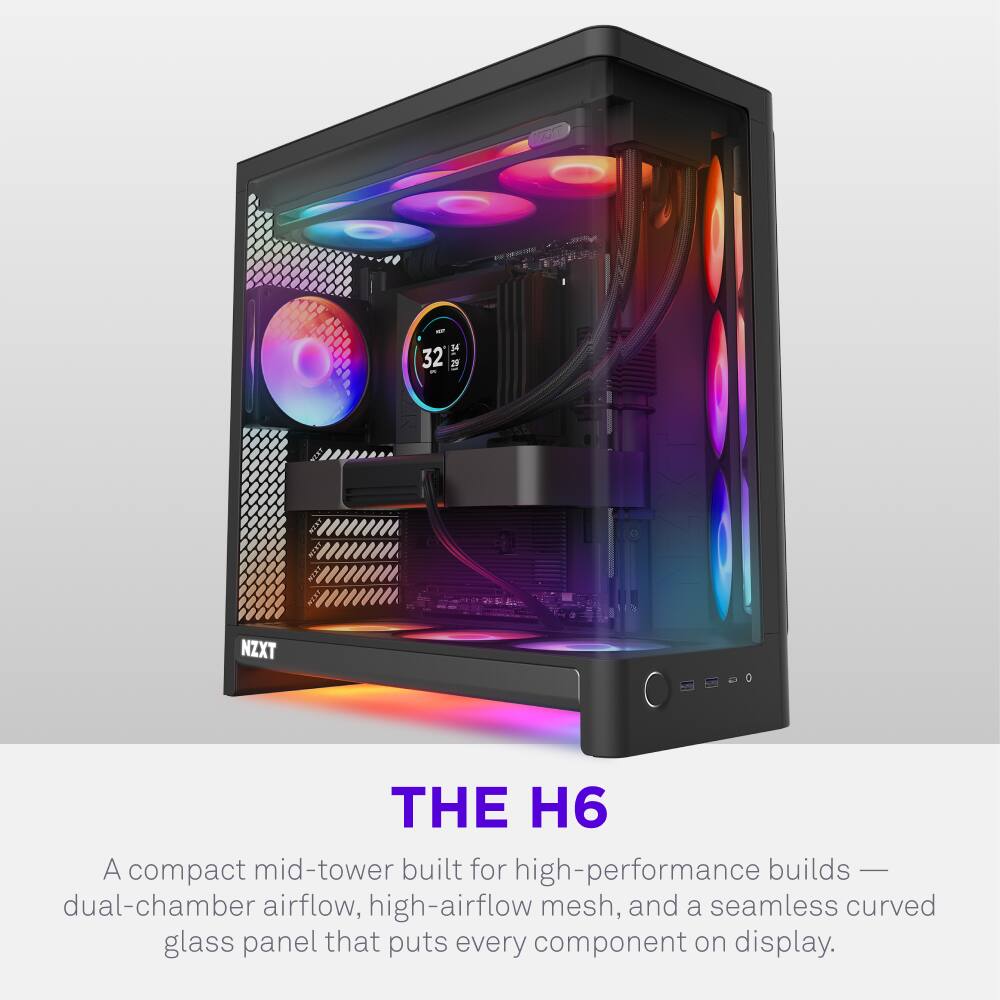 Von 32 P NZXT THE H6 A compact mid-tower built for high-performance builds - dual-chamber airflow, high-airflow mesh, and a seamless curved glass panel that puts every component on display.