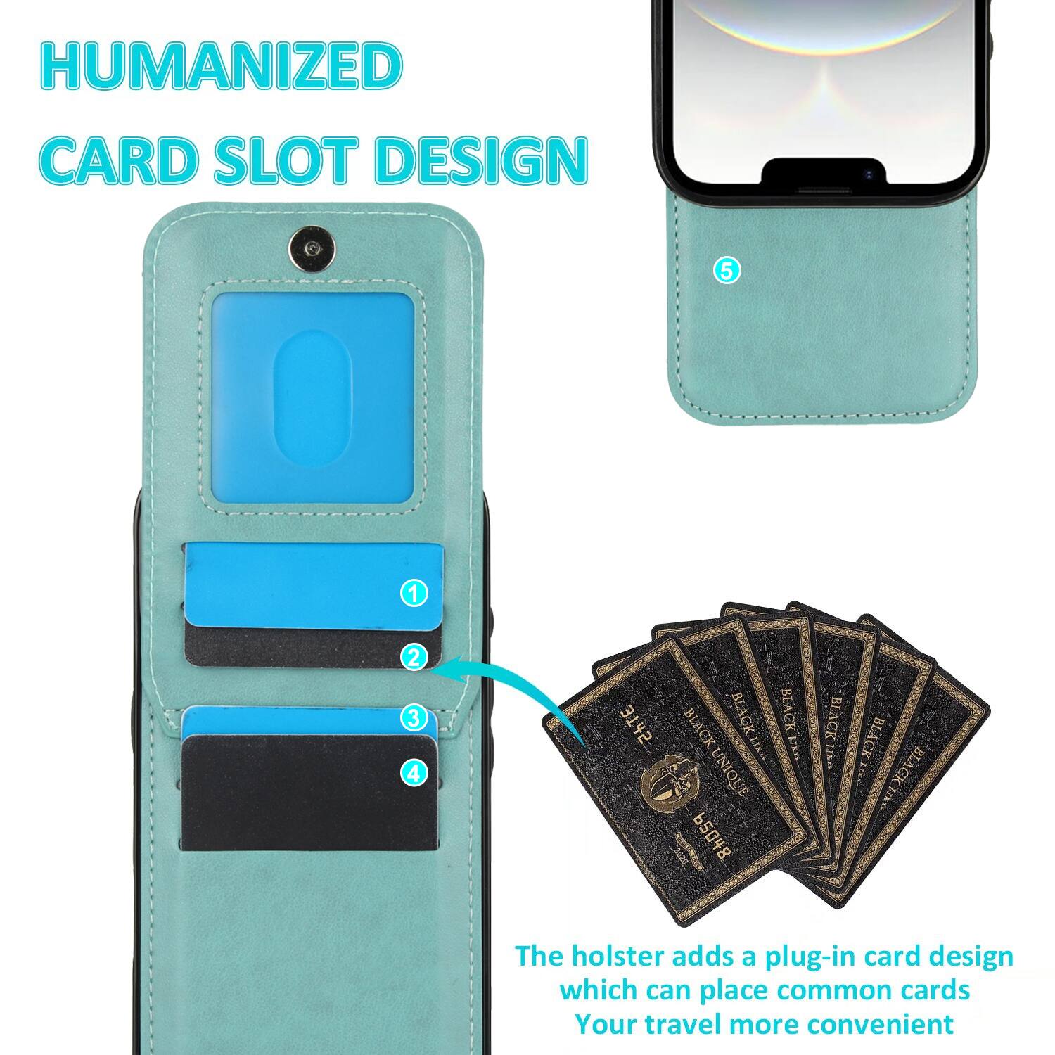 HUMANIZED CARD SLOT DESIGN

The holster adds a plug-in card design which can place common cards. Your travel more convenient
