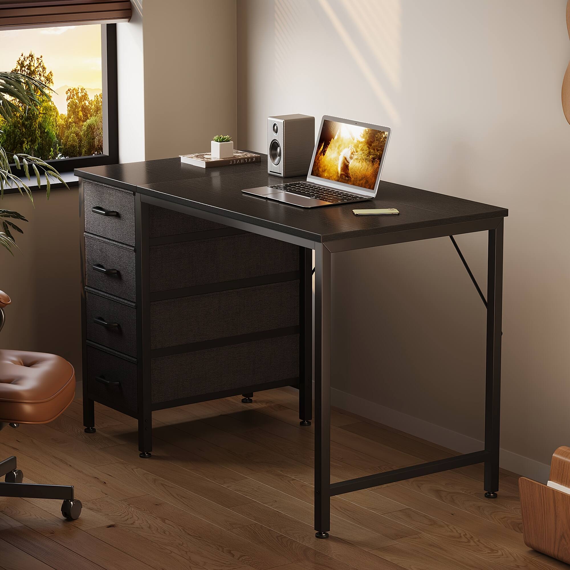 Alt View 2. AODK - 40" Small Computer Desk with 4 Fabric Drawers, Modern Writing Desk with Storage for Home Office, Bedroom & Small Spaces - Black.