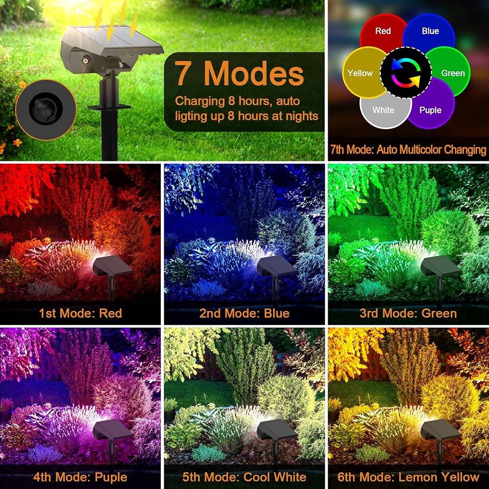 7 Modes  
Charging 8 hours, auto lighting up 8 hours at nights  

1st Mode: Red  
2nd Mode: Blue  
3rd Mode: Green  
4th Mode: Purple  
5th Mode: Cool White  
6th Mode: Lemon Yellow  
7th Mode: Auto Multicolor Changing