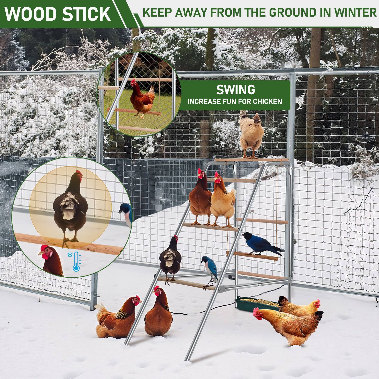 WOOD STICK  
KEEP AWAY FROM THE GROUND IN WINTER  

SWING  
INCREASE FUN FOR CHICKEN
