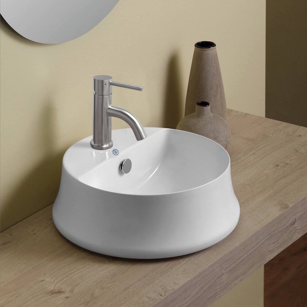 Angle. Whitehaus - Britannia Round Above Mount Basin with Single Faucet Hole Drill - White.