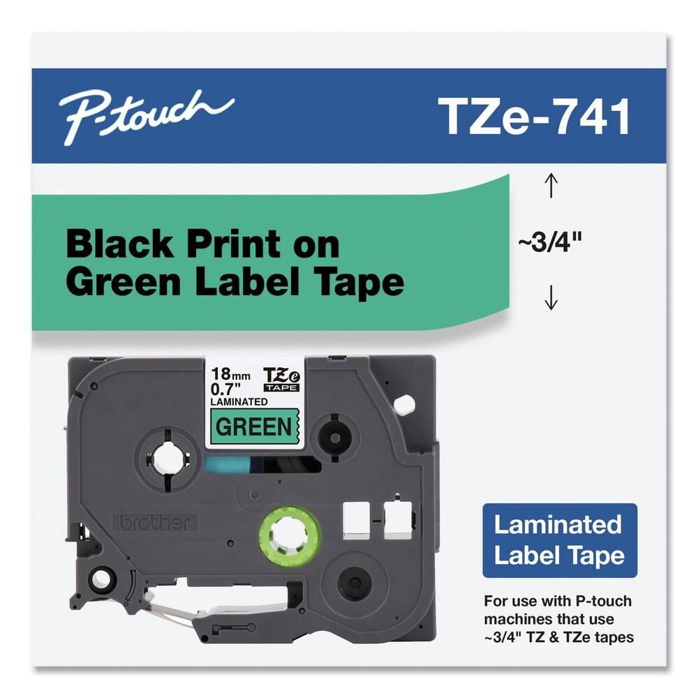 P-touch  
TZe-741  

Black Print on Green Label Tape  

18mm 0.7" TZe TAPE LAMINATED GREEN  

Laminated Label Tape  

For use with P-touch machines that use ~3/4" TZ & TZe tapes