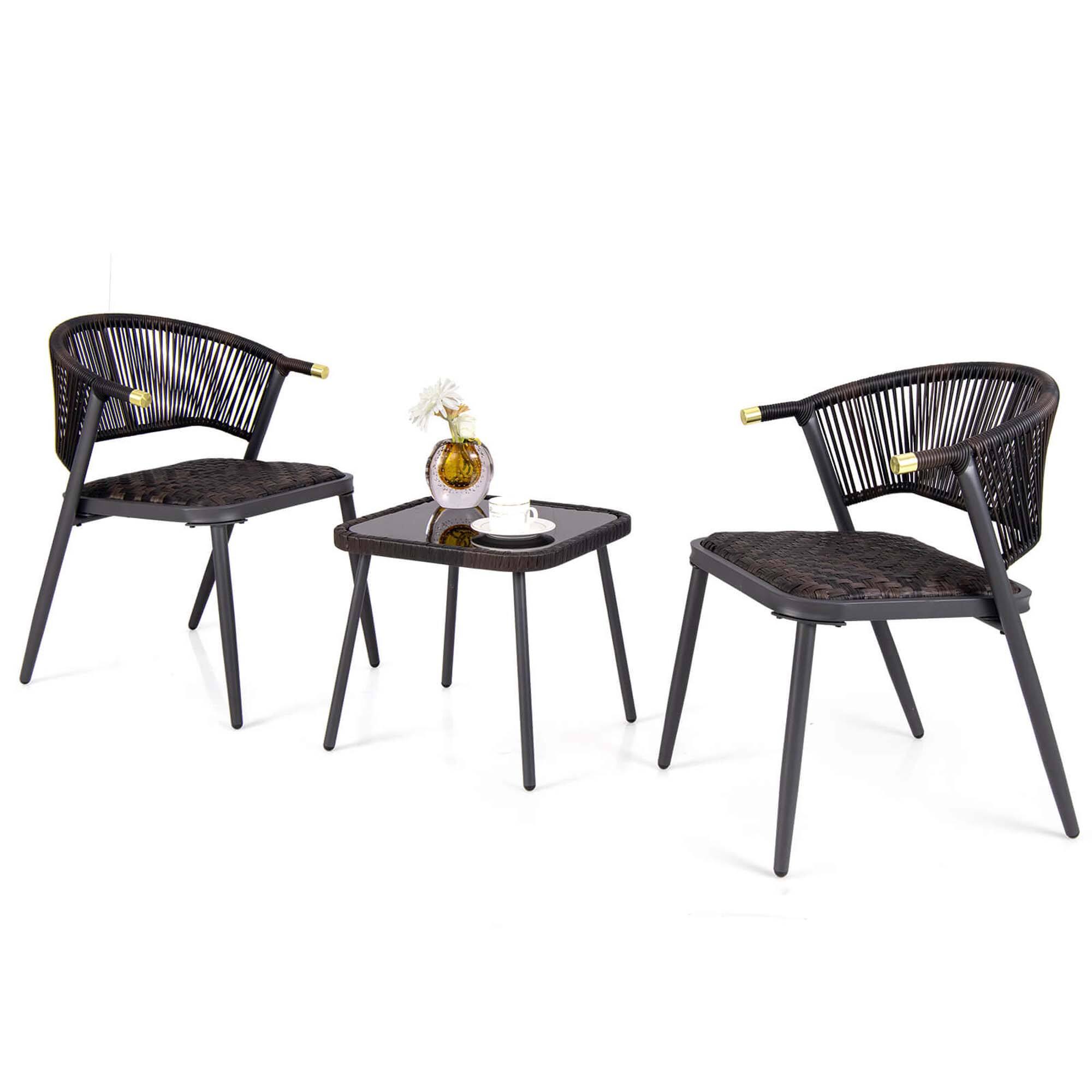 Alt View 1. Gymax - Gymax Set of 3 Rattan Furniture Set w/ Tempered Glass Tabletop Wicker Seat Patio Black - Mix Brown, Black.