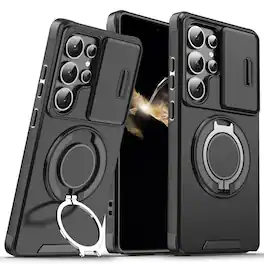 UUCOVER - For Samsung Galaxy S25 Ultra Magnetic Case with Slide Camera Lens Cover and Rotatable Ring Stand, Drop Protection Shell - Black