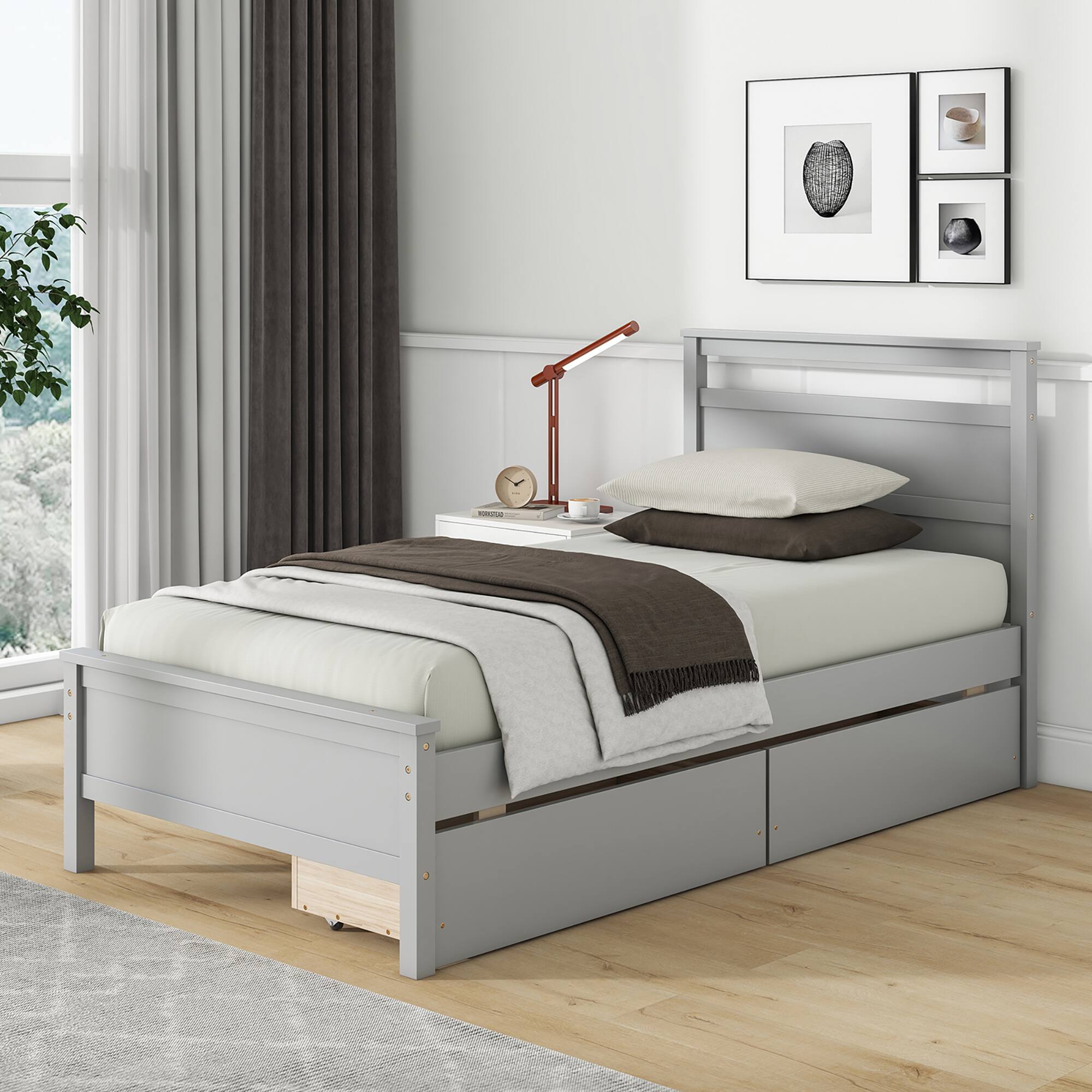 Alt View 3. Gymax - Gymax Twin Size Platform Bed w/ Drawers 2 Pull-out Drawers Headboard & Footboard Gray - Gray.