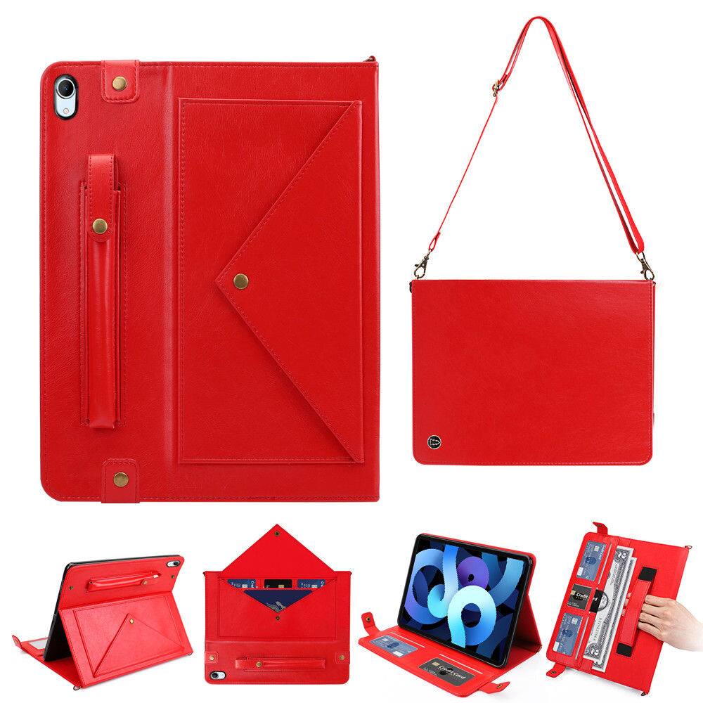Front. Dteck - Crossbody Handbag Wallet Case Apple iPad (A16) 11" 2025/10th ,Shockproof Leather Card Slot Hand Strap Folio Cover Strap - Red.