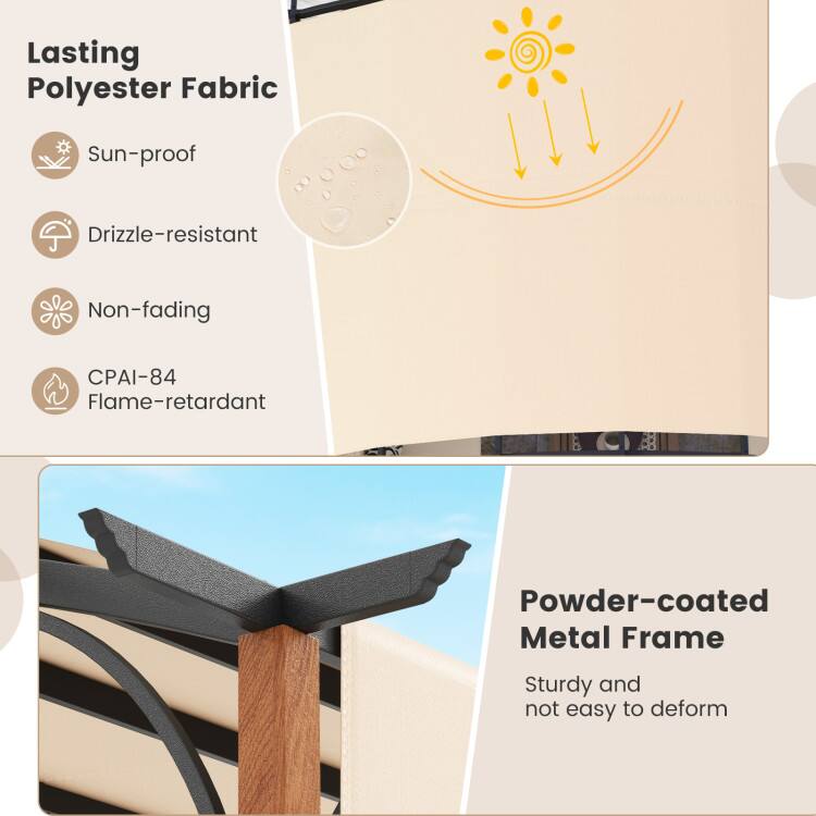 Lasting Polyester Fabric
- Sun-proof
- Drizzle-resistant
- Non-fading
- CPAI-84 Flame-retardant

Powder-coated Metal Frame
- Sturdy and not easy to deform