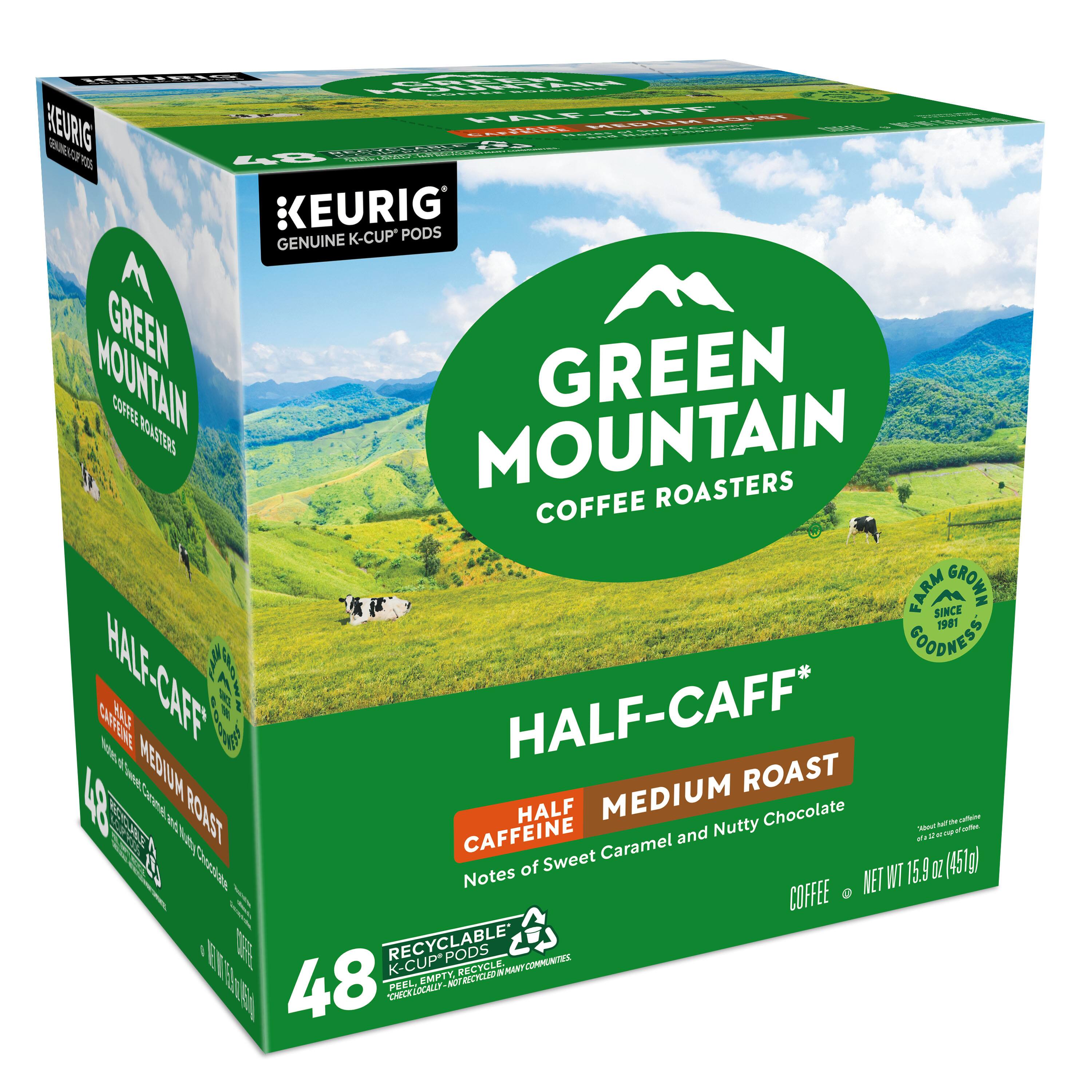 I FORA TO | MALE - CPL | - HEURIG ESIS - -P ad - add - 7 SARLE Geddade 48 KEURIG' K-CUP PODS GENUINE GREEN MOUNTAIN COFFEE ROASTERS COFFEE FARM GROWN SINCE 1981 GOODNESS HALF-CAFF CAFFIN HALF-CAFF* d 48 et" MEDIUM omm MEDIUM ROAST PA ROAST HALF Chocolate s - - Nutty - CAFFEINE and - W - I a Sweet Caramel 9 Ctan Notes of NET WT 15.9 OZ (451g) COFFEE E I E RECYCLABLE K-CUP*PODS PODS CONNUNITES K EMPTT. NOTBECYCLEDMENT RECYCLE. 48 PEEL AET F O2EO-